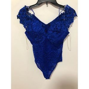 Love Culture Blue Lace Bodysuit Women’s V Neck Off the Shoulder